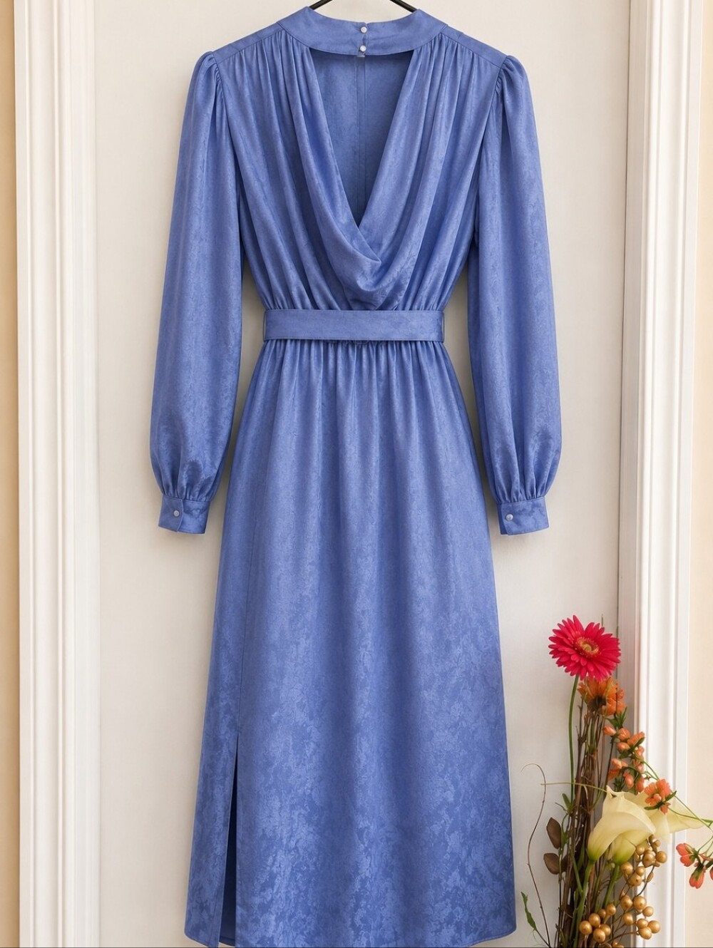 Vintage Periwinkle Blue 90's Silk Belted Dress with Cuffed Sleeves & Side Slit - Picture 4 of 12